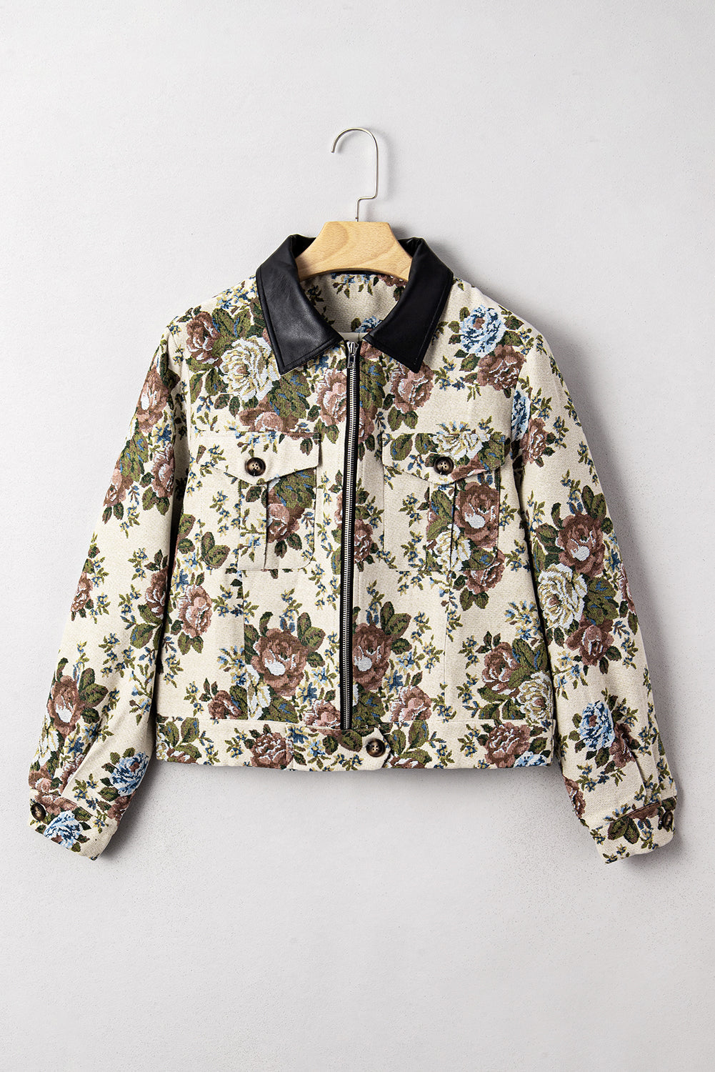 Khaki Floral Print Zip Up Contrast Collared Jacket eAura