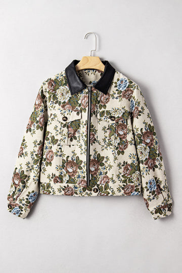 Khaki Floral Print Zip Up Contrast Collared Jacket - eAura