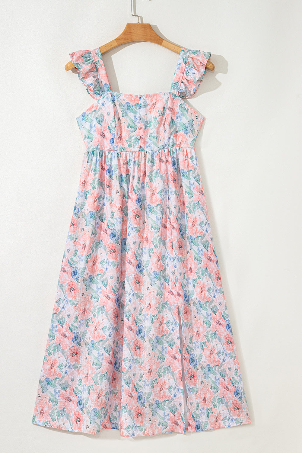 Pink Floral Print Square Neck Backless Long Dress with Slit eAura