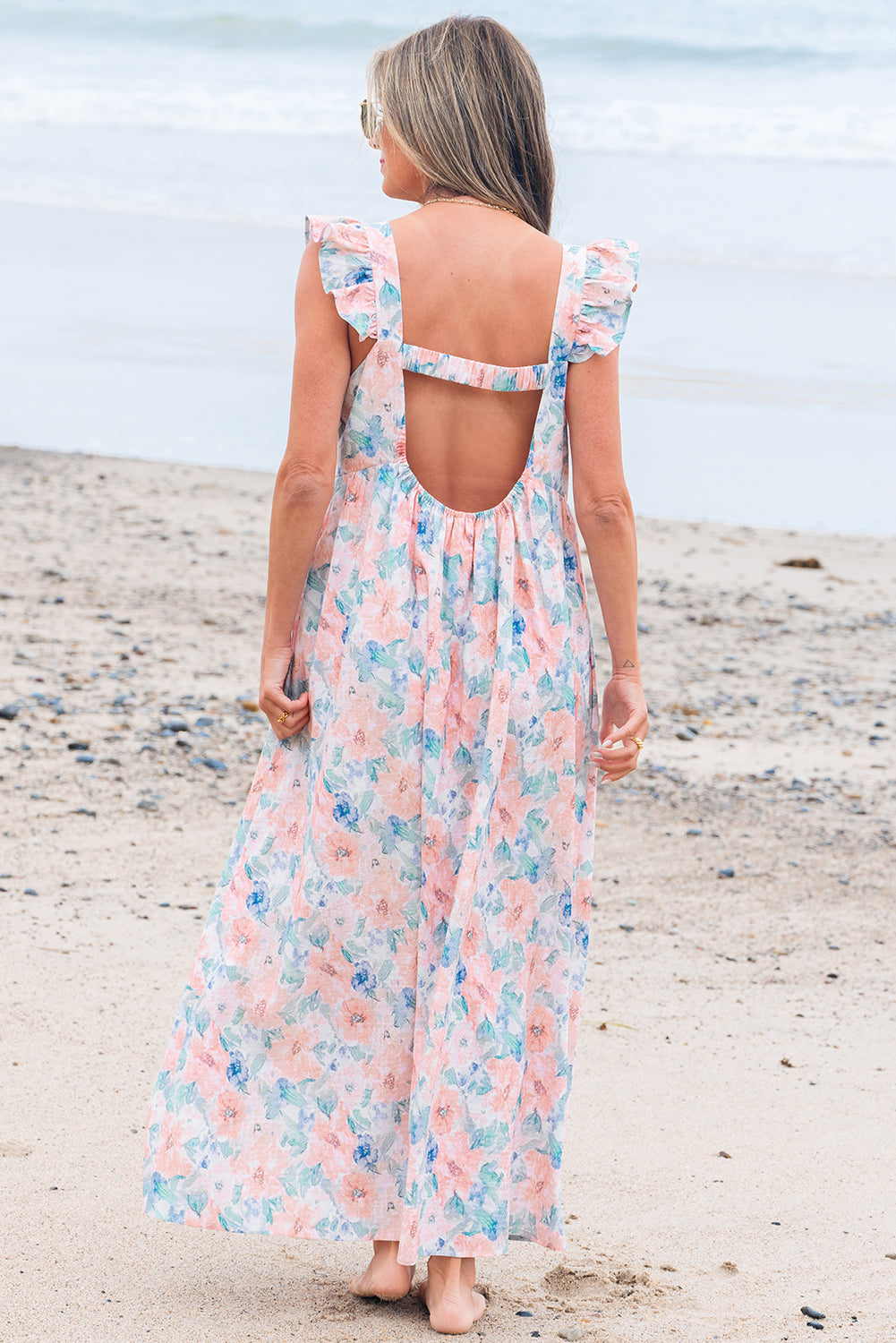 Pink Floral Print Square Neck Backless Long Dress with Slit eAura
