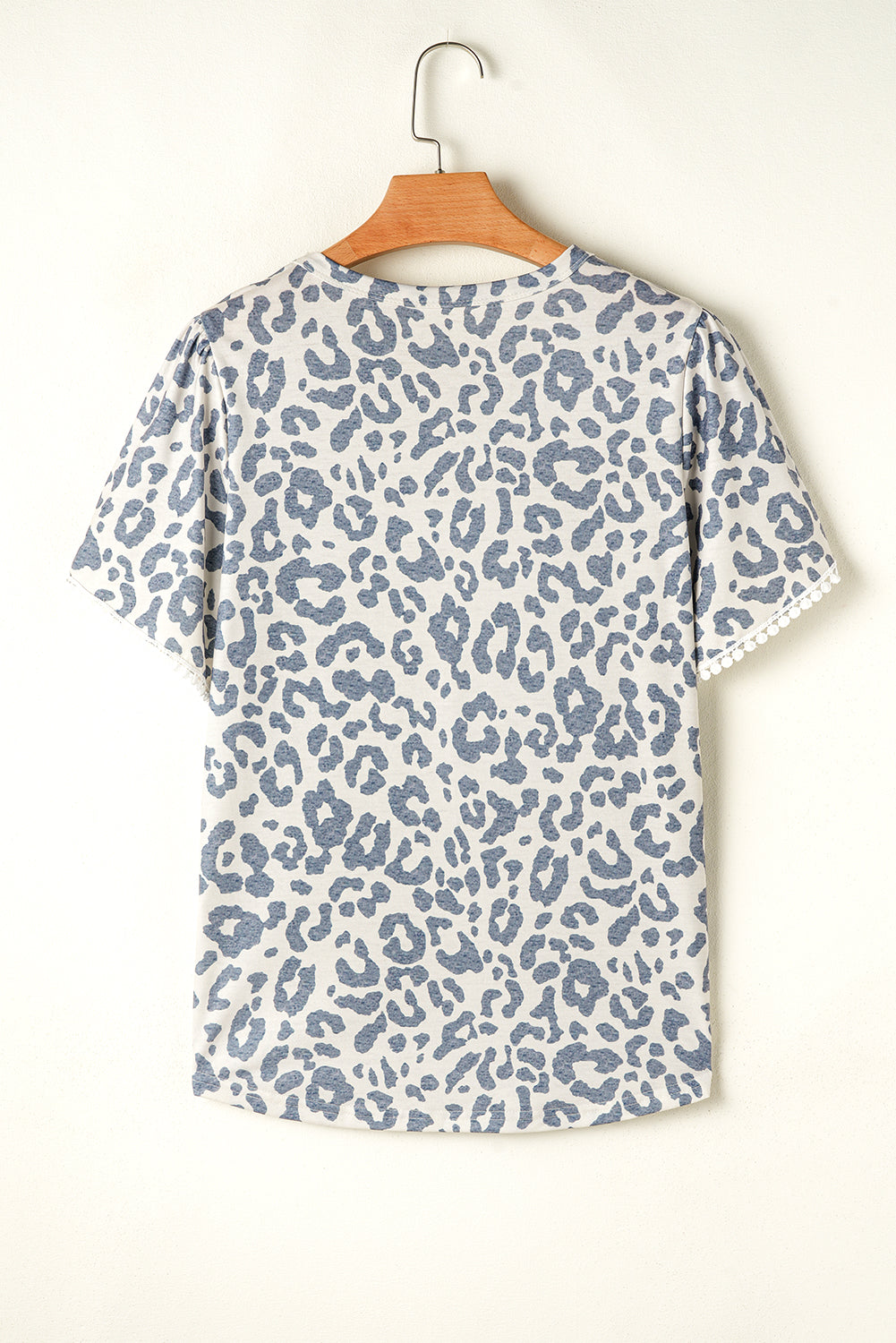 Beige Leopard Round Neck Lace Trim Petal Sleeve T Shirt - eAura