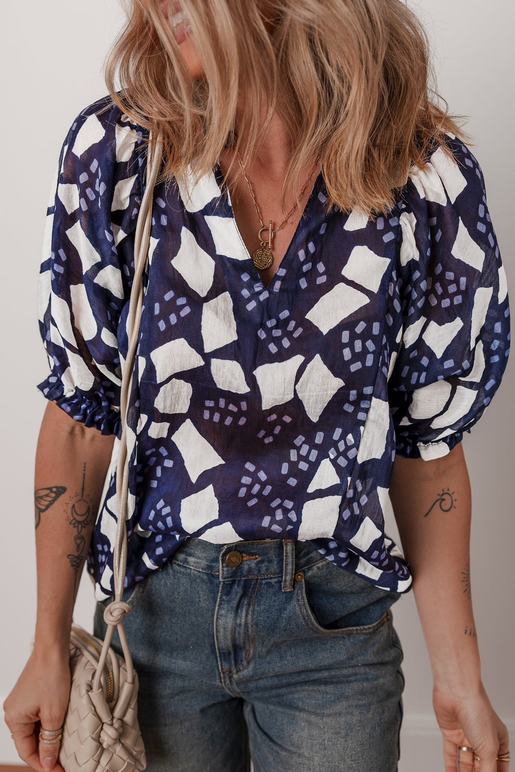 Blue Abstract Print Frilled Puff Sleeve V-Neck Blouse eAura