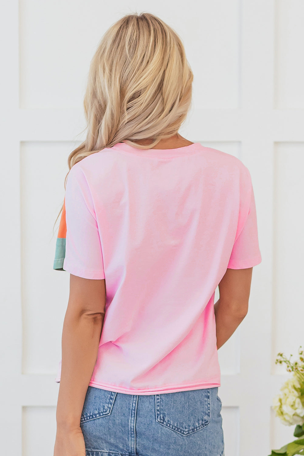 Pink Colour Block Patchwork Seamed Crewneck T Shirt eAura
