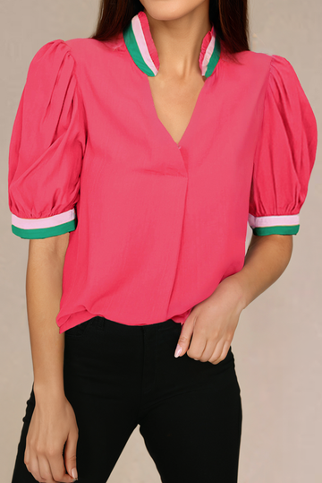 Carrot Colourful Trim V Neck Short Sleeve Blouse eAura