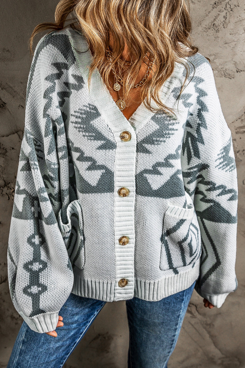 Light Grey Geometric Pattern Ribbed Trim Button-Up Cardigan eAura