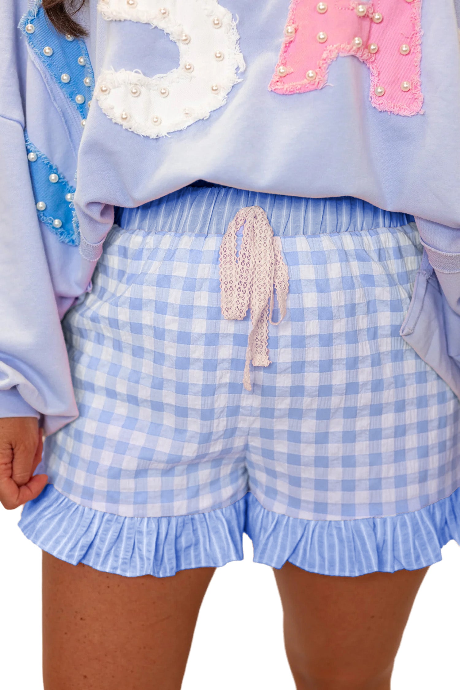 Gingham Ruffle Shorts with Lace Tie Waist