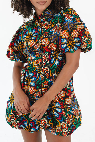 Multicolour Floral Puff Short Sleeve Shirt Mini Dress eAura