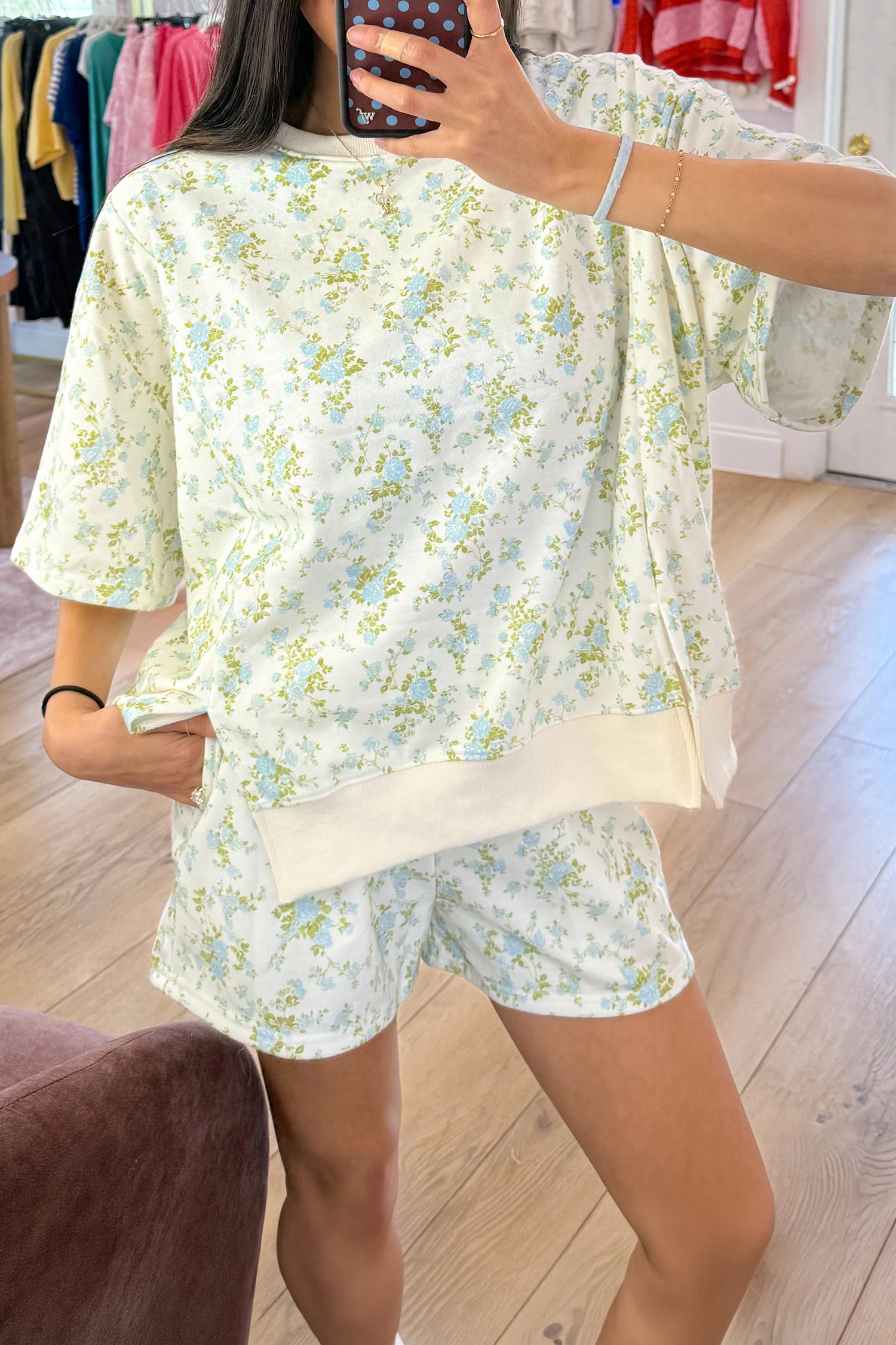 Floral Print Short Sleeve Elastic Waist Pocket Two Piece Set – Sky Blue