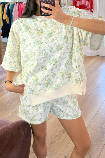 Floral Print Short Sleeve Elastic Waist Pocket Two Piece Set – Sky Blue