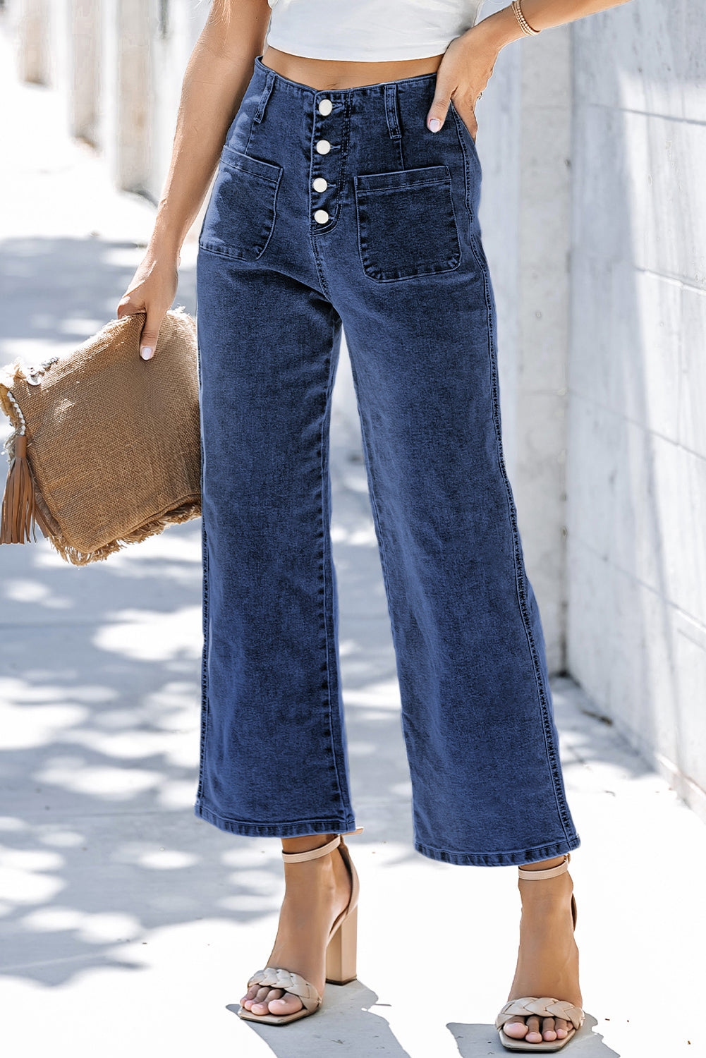 High Waist Button Front Wide Leg Cropped Jeans – Sail Blue