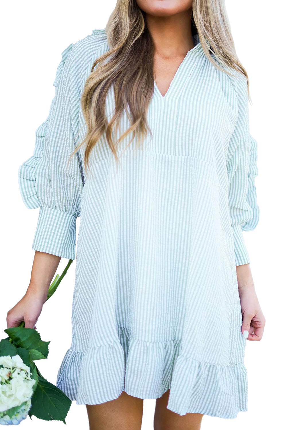 Myosotis Seersucker Ruffled Puff Sleeve Stand Neck Mini Dress Beagle Boutique Fashion Outlet