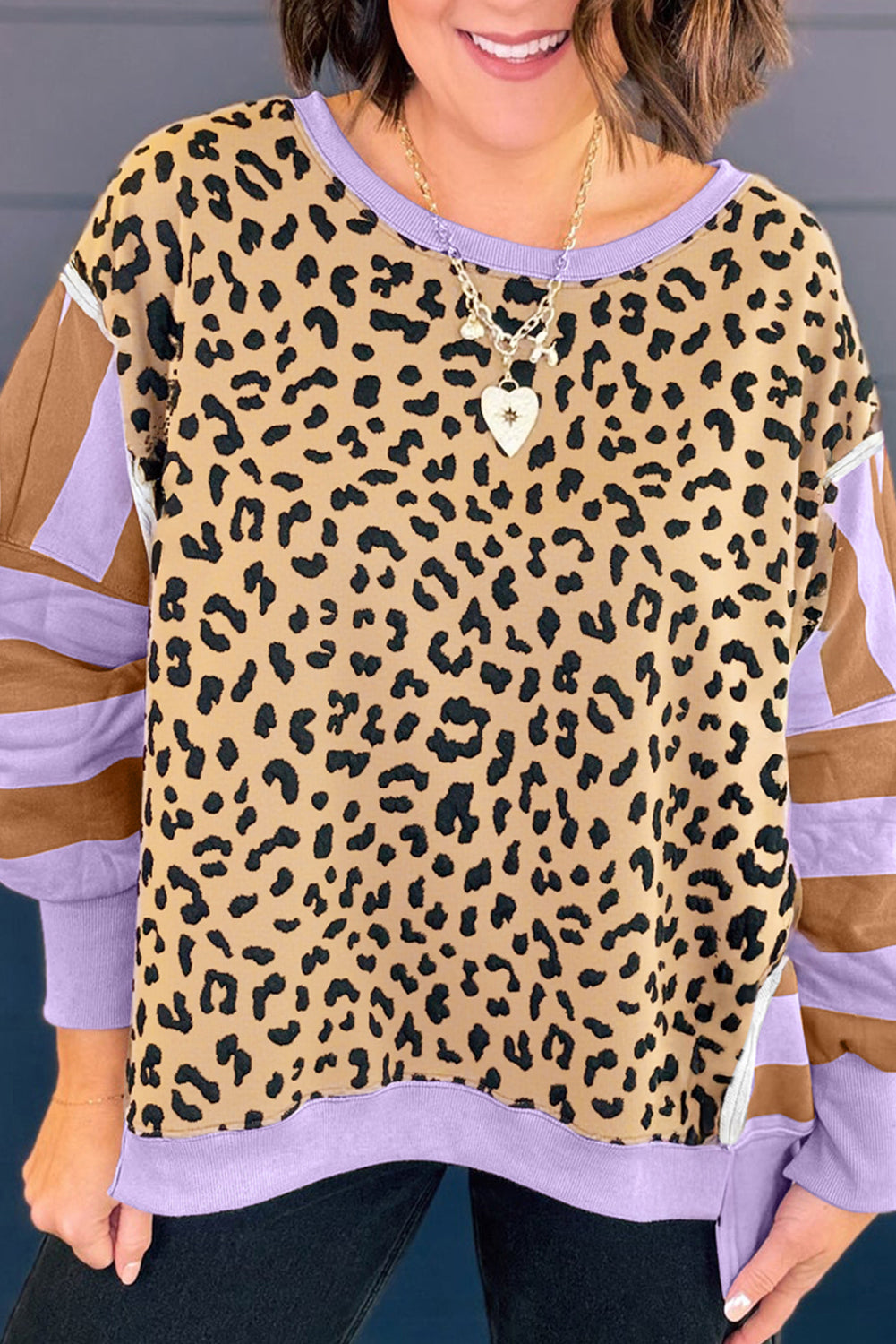 Purple Leopard Striped Patchwork Plus Size Loose Sweatshirt Dear-Lover Dropshipping