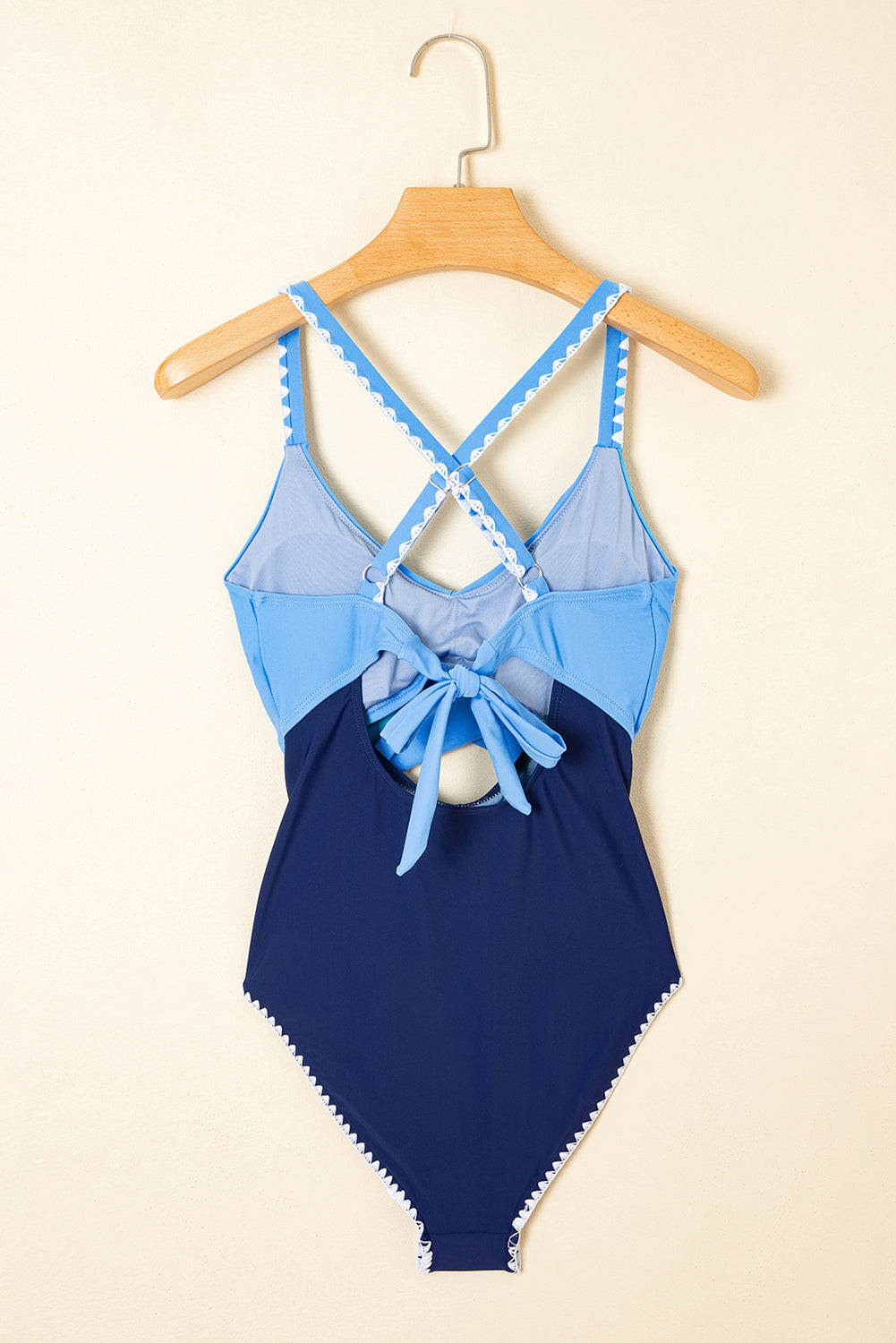 Beau Blue Ric Rac Trim Contrasted Patchwork Cutout One Piece Swimsuit - eAura