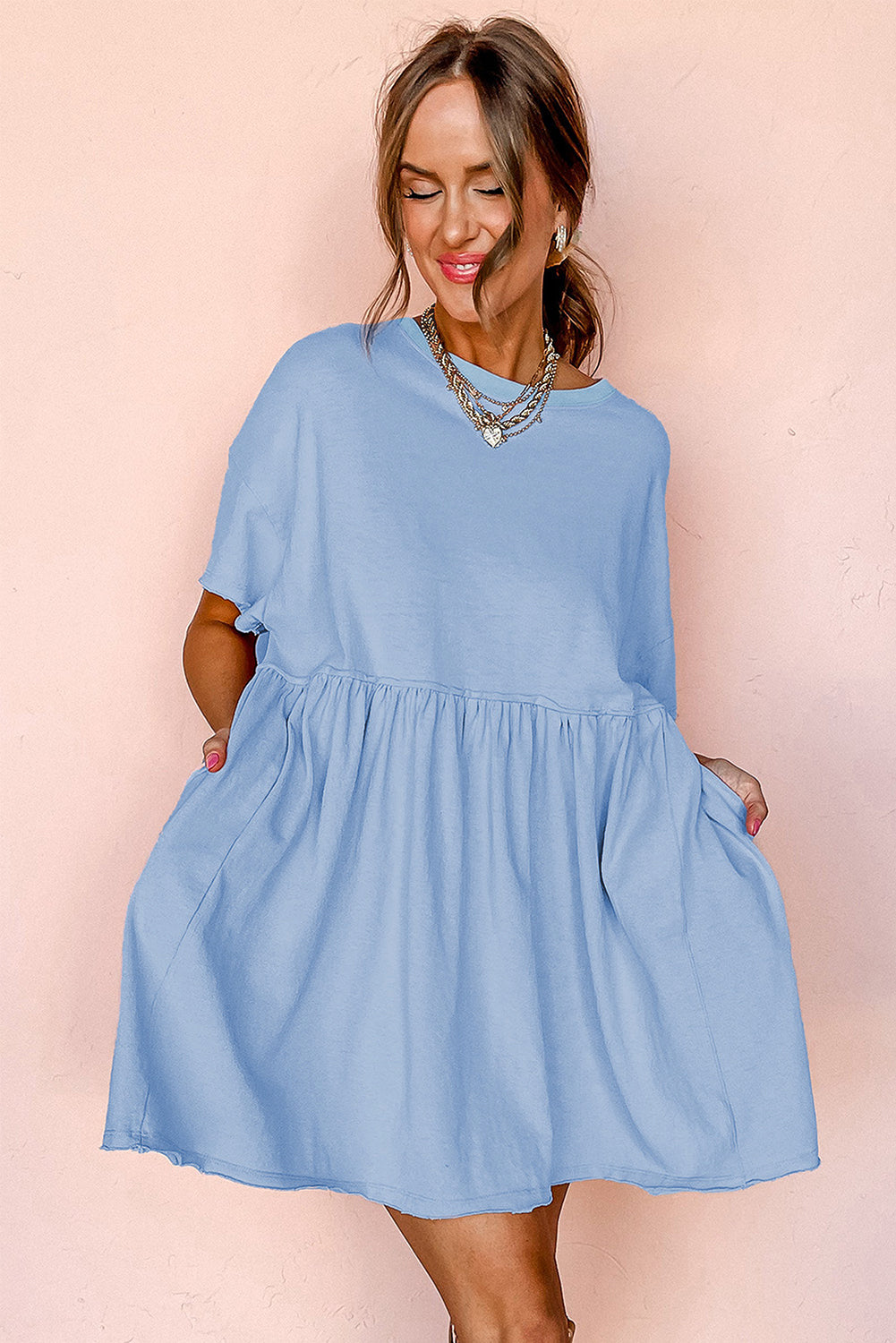 Pocketed Raw Edge Babydoll Dress eAura
