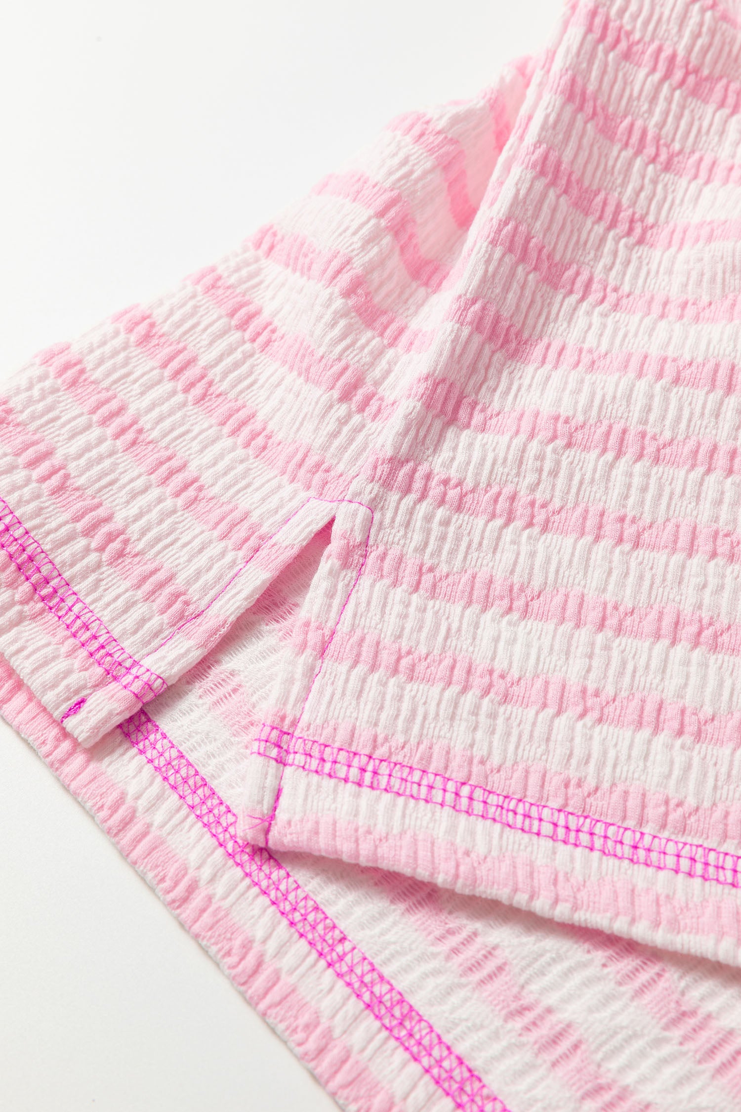 Striped Textured Knit Split Hem Half Sleeve Loose Top