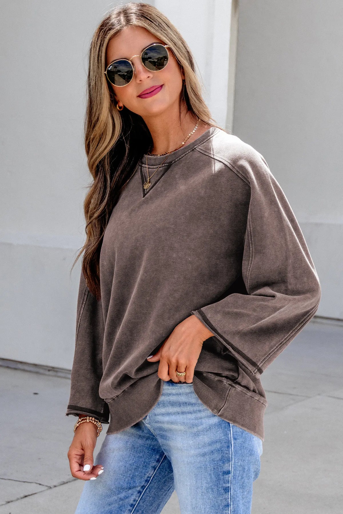 3/4 Sleeve Mineral Wash Loose Cotton Top – Dark Brown