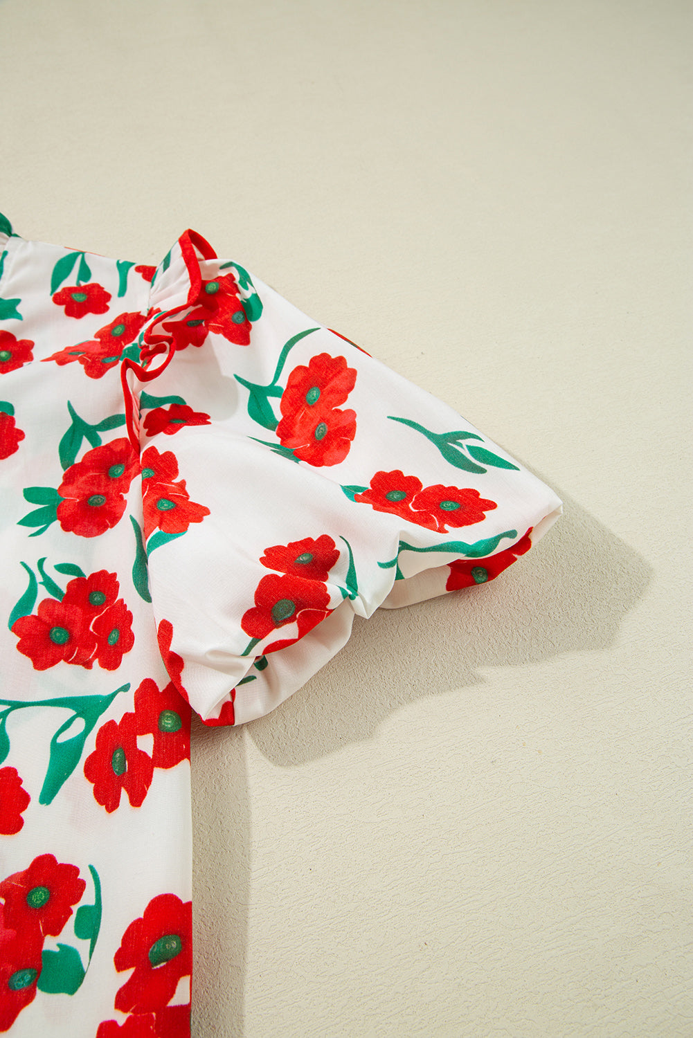 Red Floral Print Ruffled Puff Sleeve Elegant Summer Shirt eAura