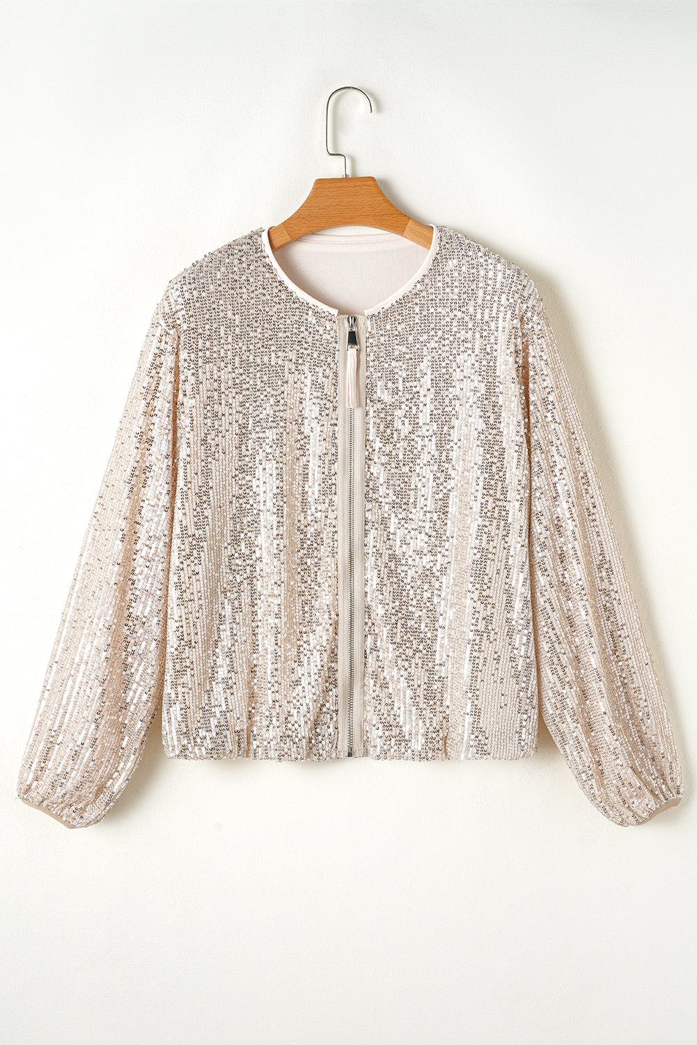 Apricot Sequin Zip up Round Neck Long Sleeve Jacket eAura
