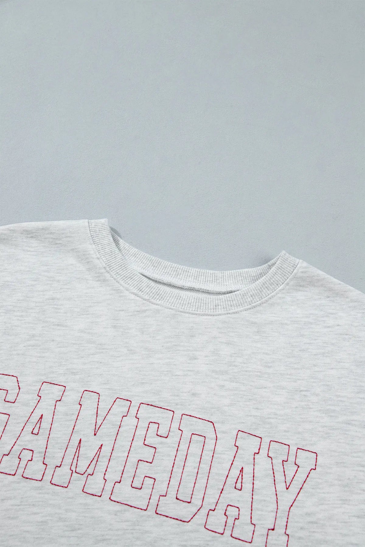 Game Day Letter Embroidery Long Sleeve Round Neck Sweatshirt – Light Grey