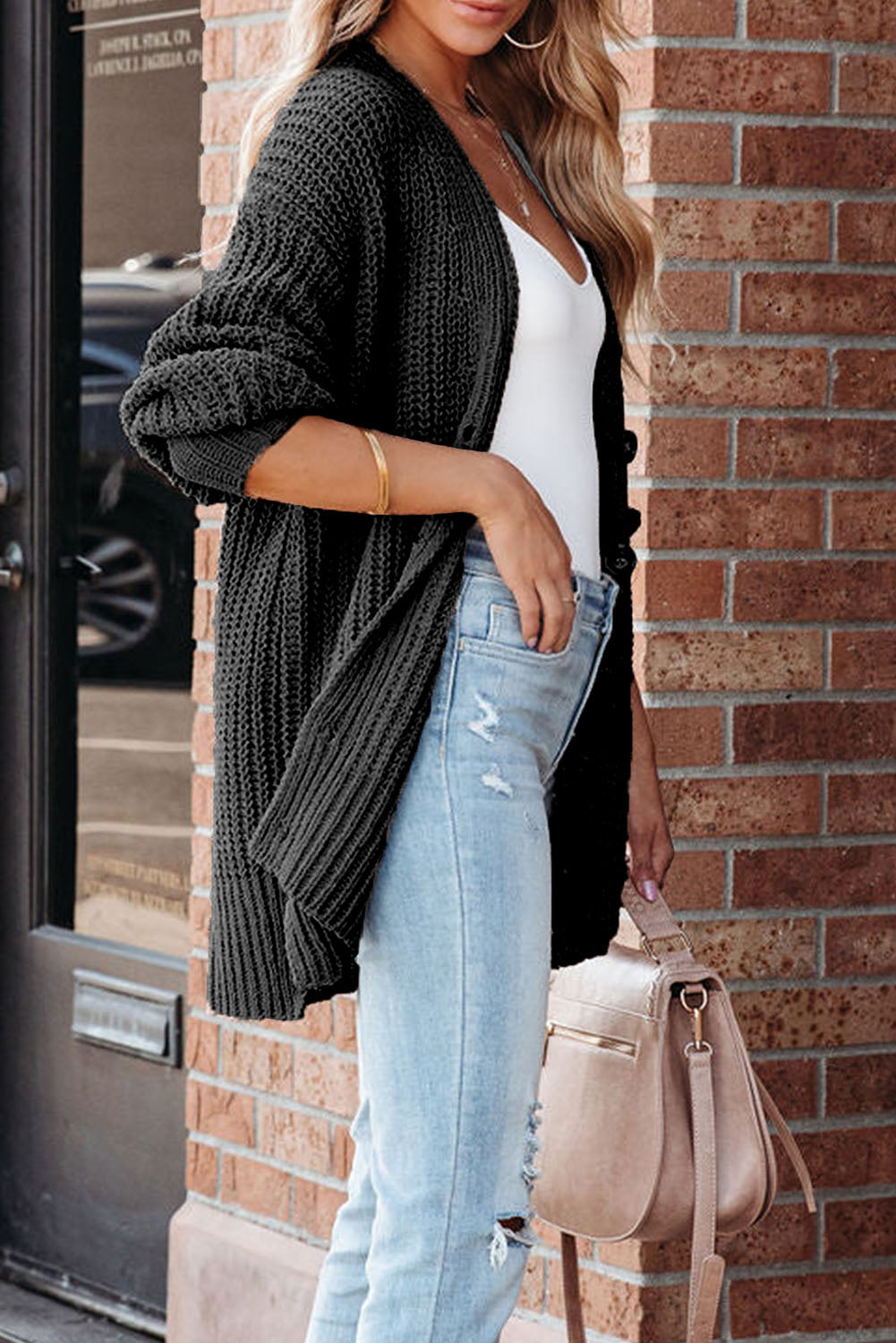 Black Buttoned Front Drop Shoulder Knitted Cardigan eAura