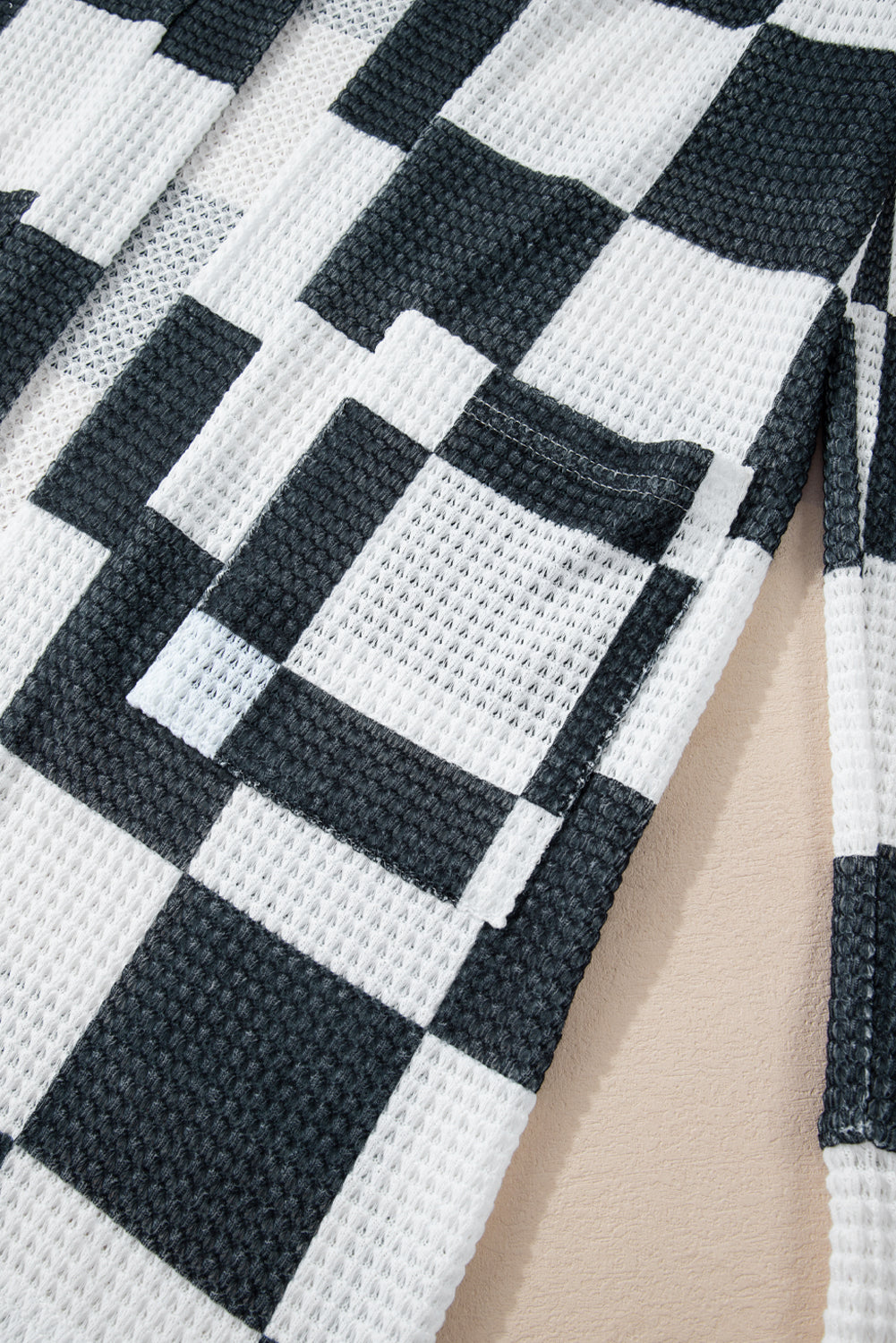 Black Checkered Waffle Knit Thumbhole Open Front Cardigan eAura