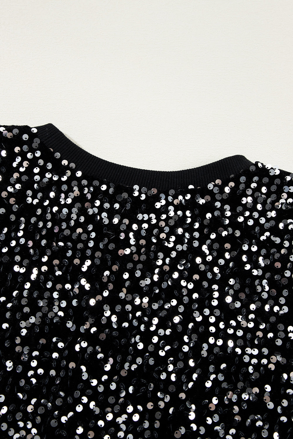 Black Sequinned Long Sleeve Crew Neck Cropped Blouse - eAura