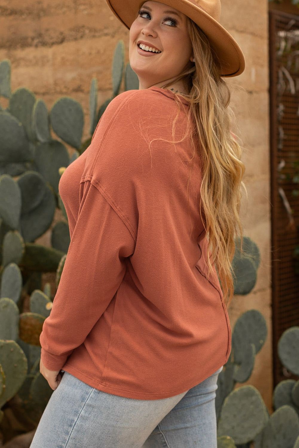 Gold Flame Plus Size Exposed Seam V Neck Long Sleeve Top BB Fashion Outlet