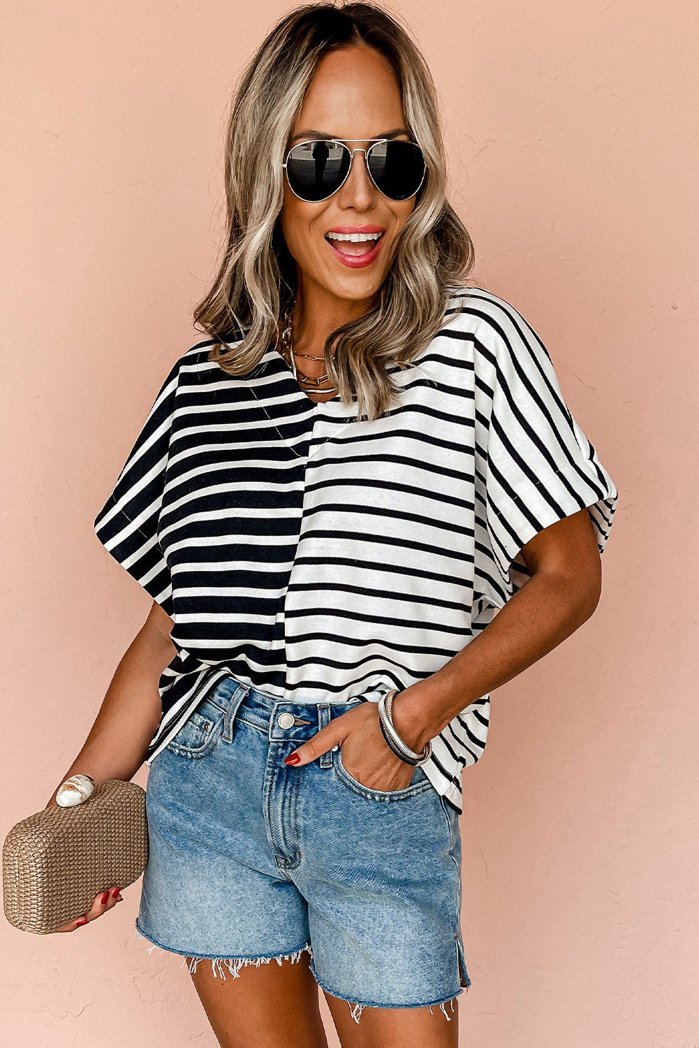 Black Stripe Two Tone Colorblock V Neck T Shirt BB Fashion Outlet