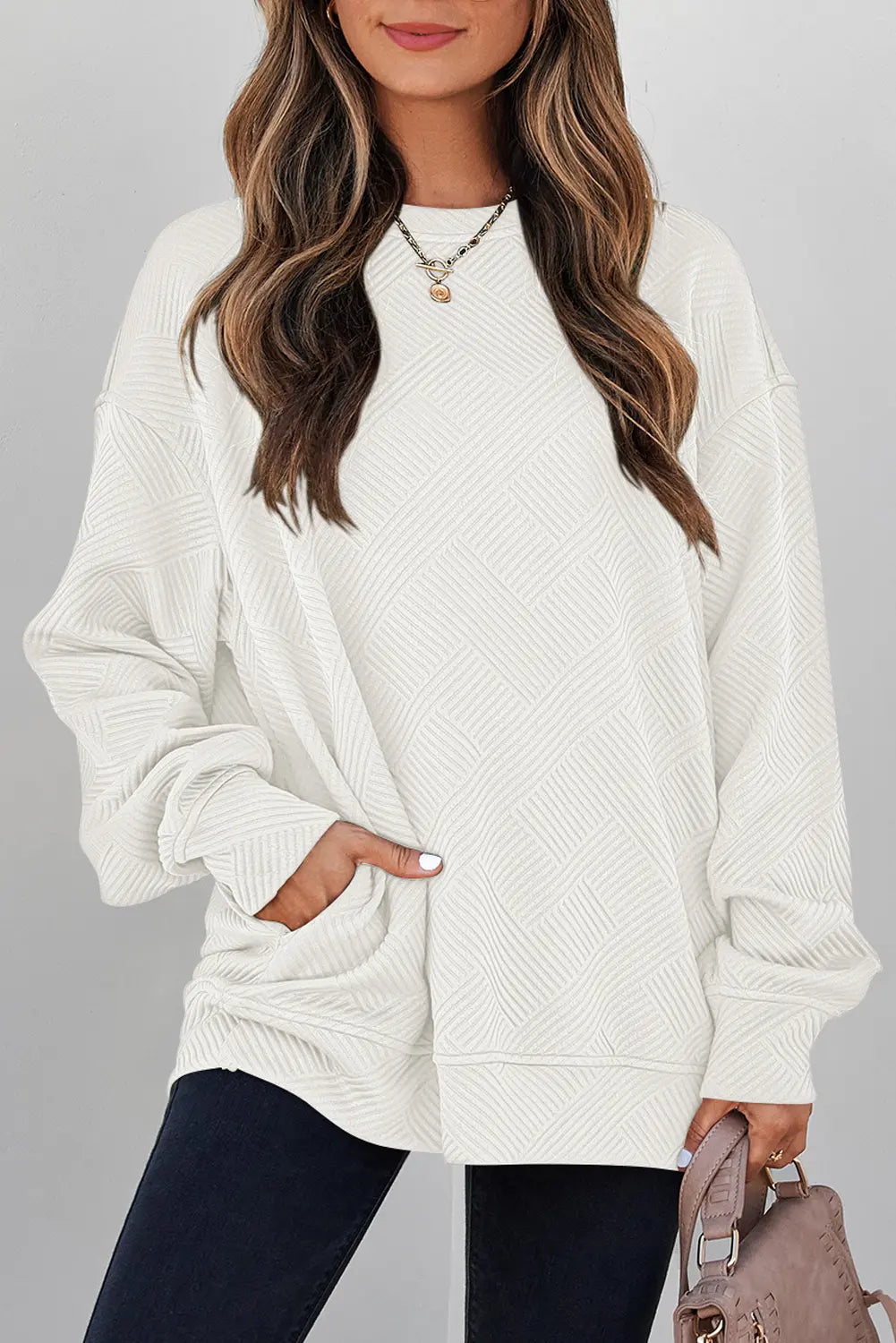 Jungle Solid Colour Textured Round Neck Drop Shoulder Pullover Sweatshirt – Green