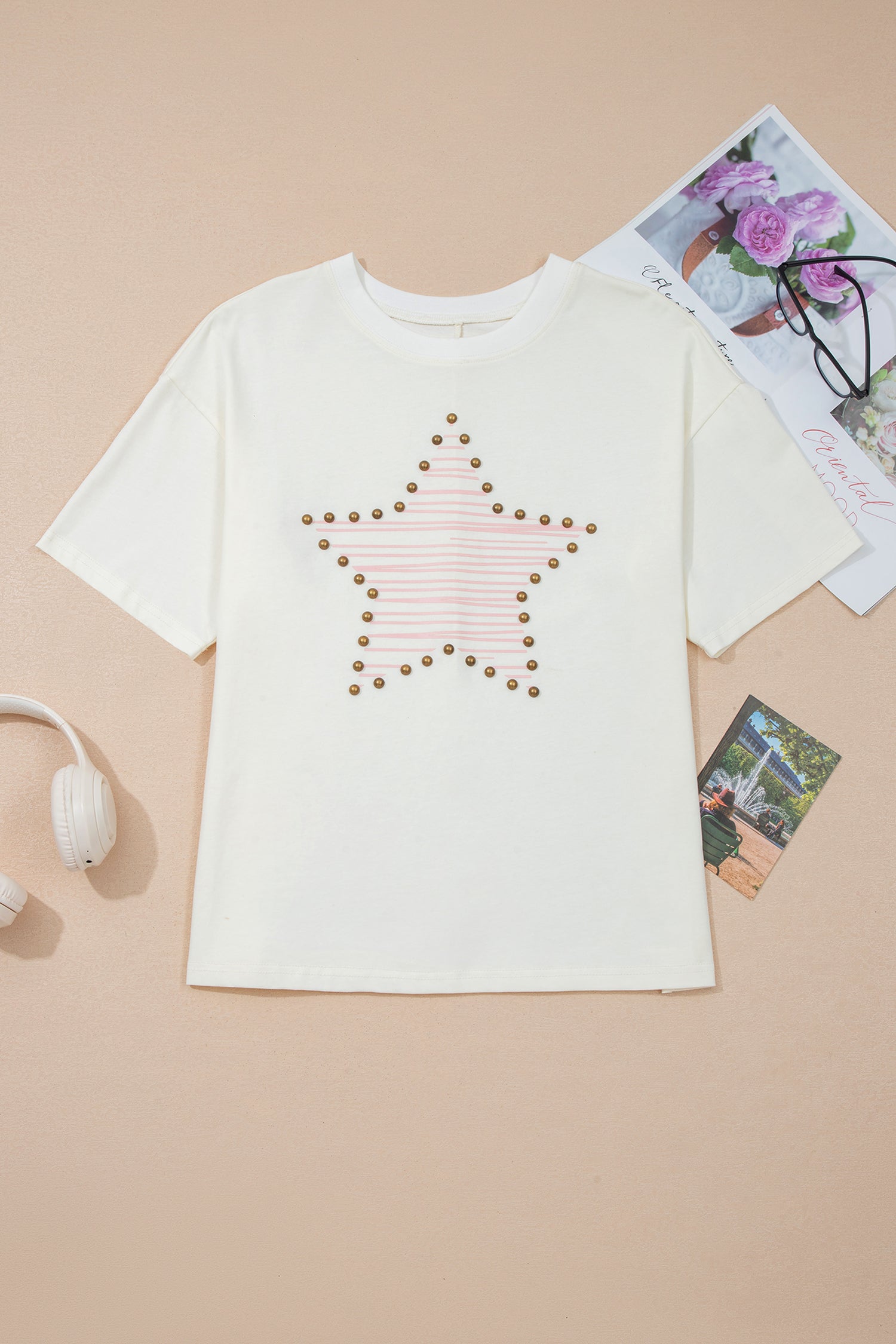 Star Print Stud Detail Cotton Jersey Top – Beige