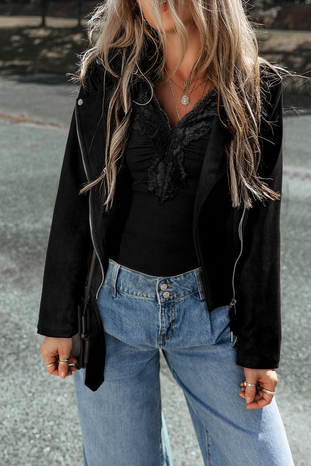 Black Asymmetric Zipper Belted Hem Jacket Beagle Boutique Fashion Outlet