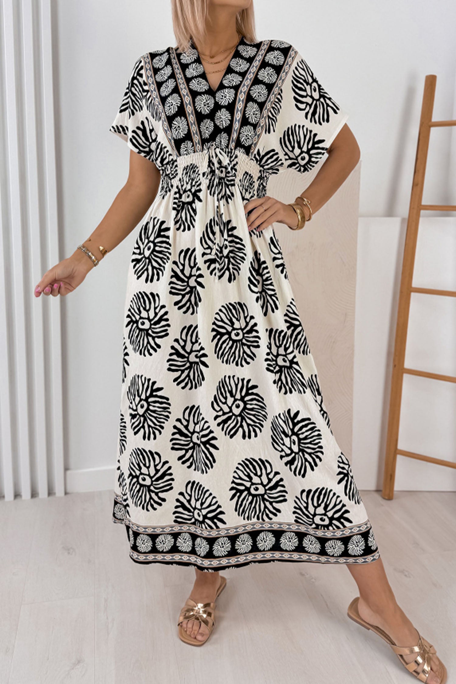 Boho Floral Print Contrast Patchwork V Neck Dolman Maxi Dress – Blue
