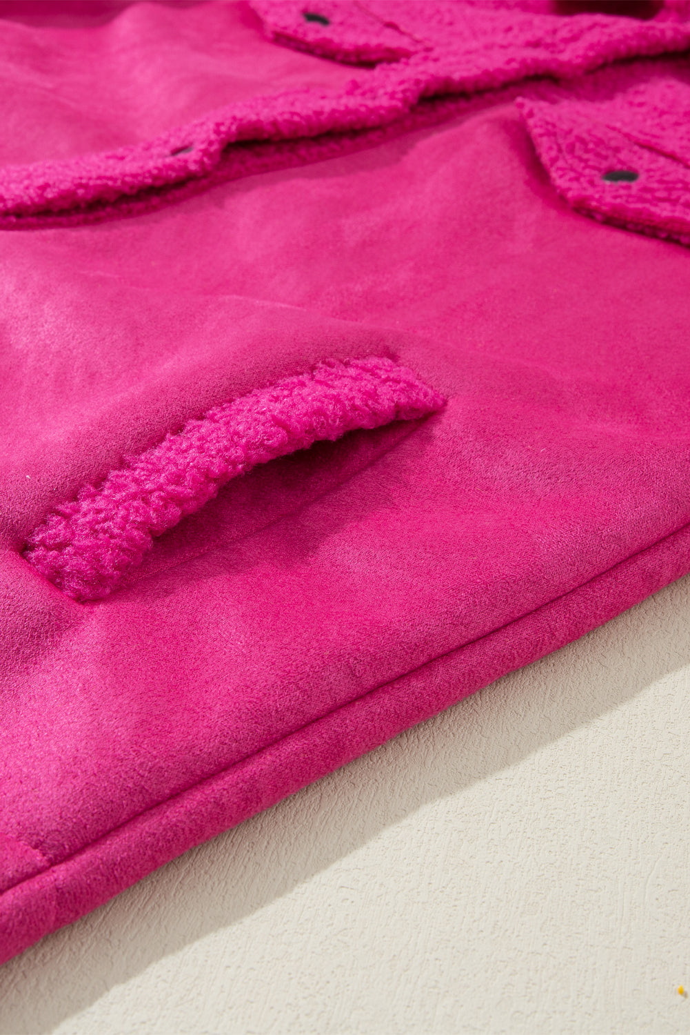 Bright Pink Faux Suede Sherpa Patchwork Button-up Shacket Beagle Boutique Fashion Outlet