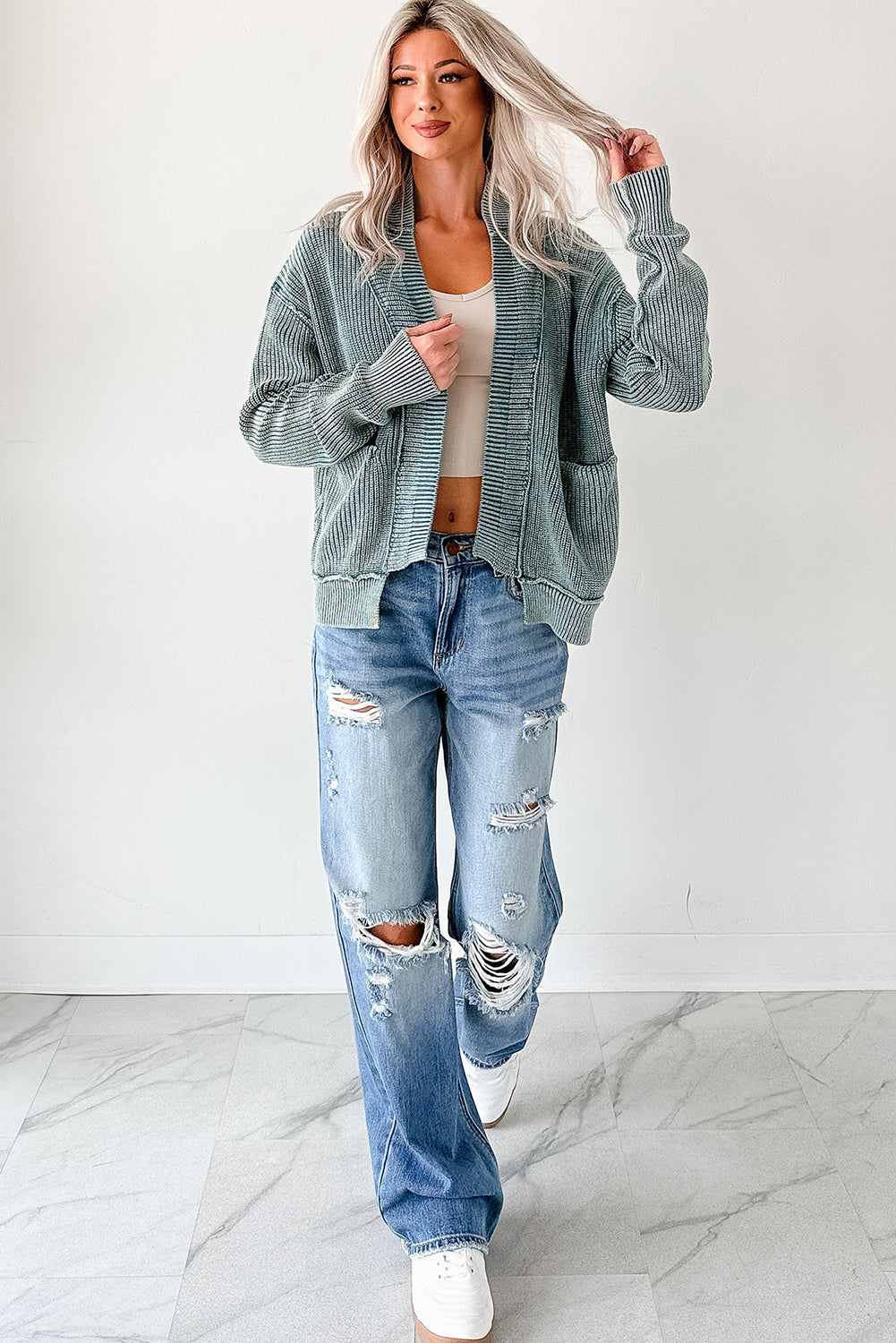 Mineral Wash Exposed Seam Patchwork Knit Open Cardigan