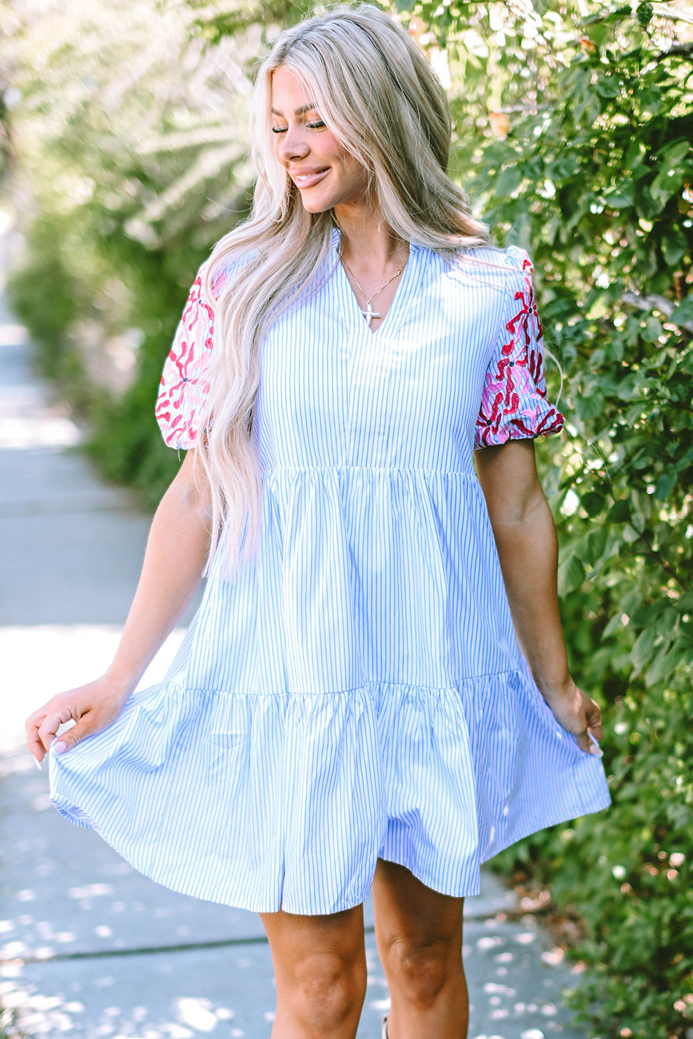 Sky Blue Stripe Contrast Floral Puff Sleeve Tiered Ruffle Dress eAura