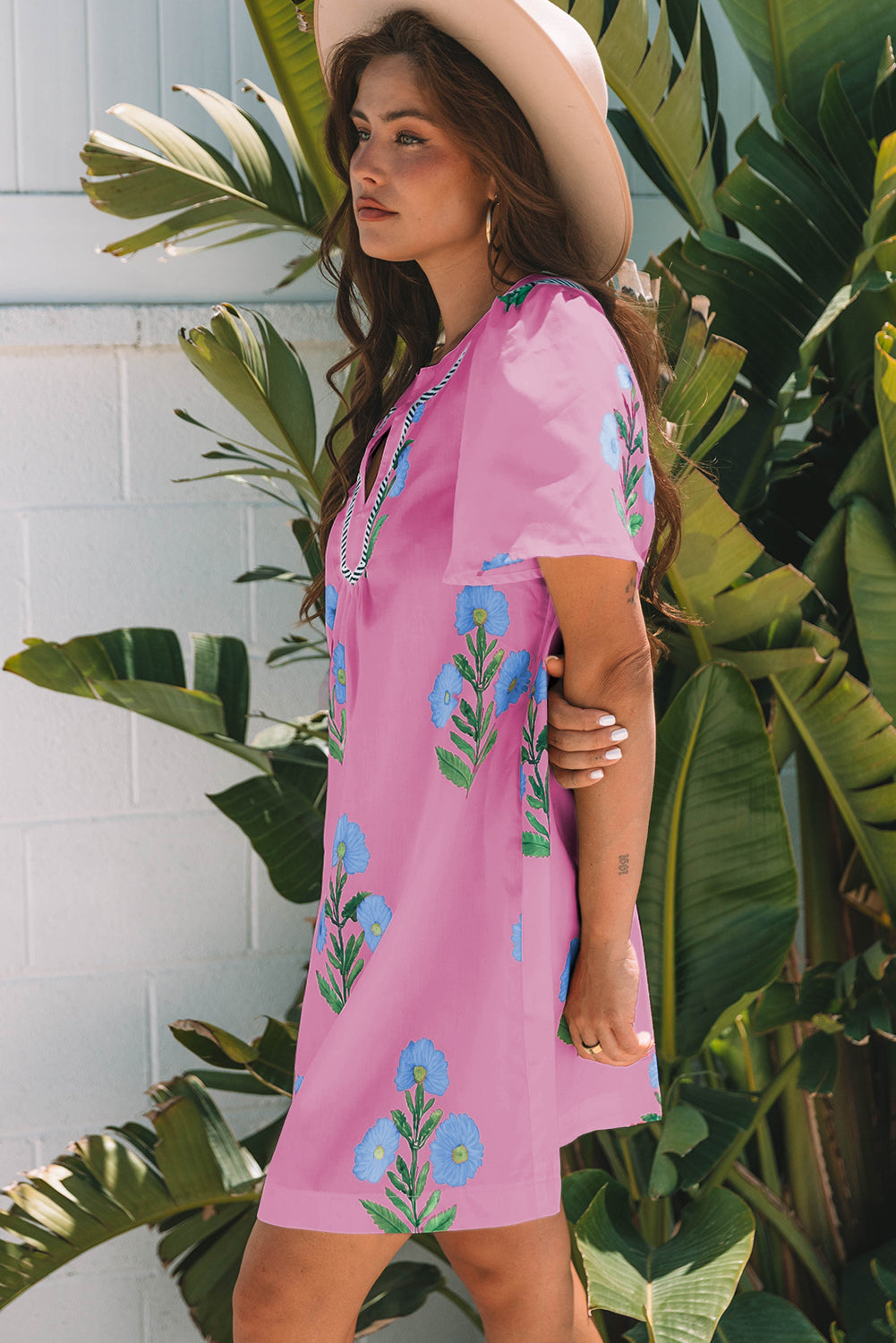 Floral Short Sleeve Split Neck Loose Mini Dress eAura