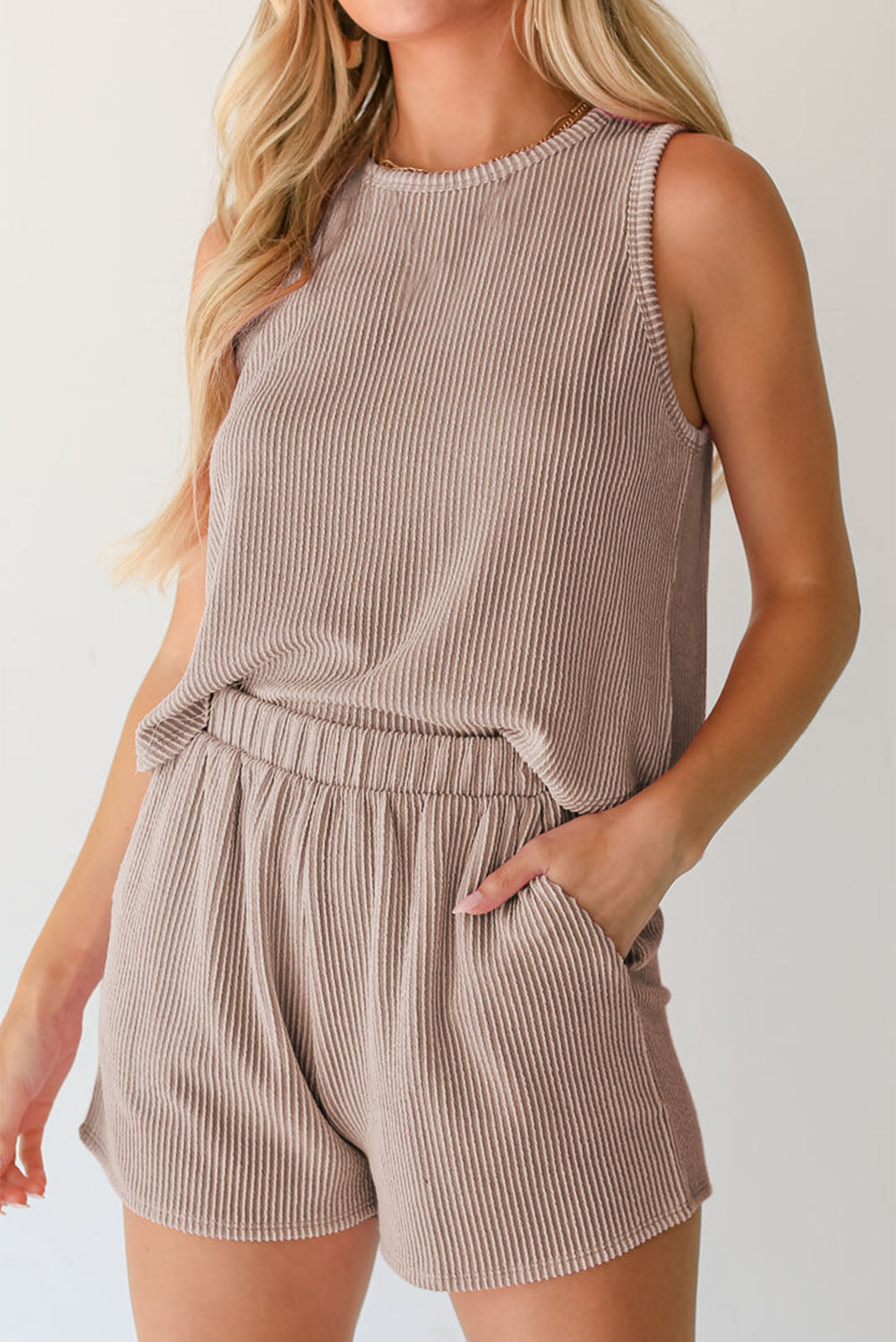 Ribbed Sleeveless Top and Pocketed Shorts Co-ord eAura