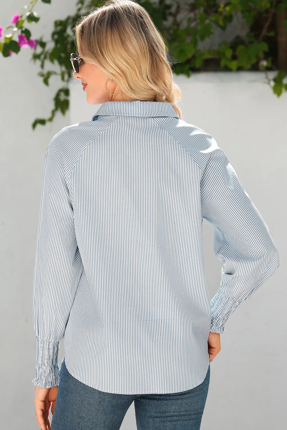 Pinstripe Long Sleeve Smocked Cuffs Button Shirt Collar Blouse – Sky Blue Stripe