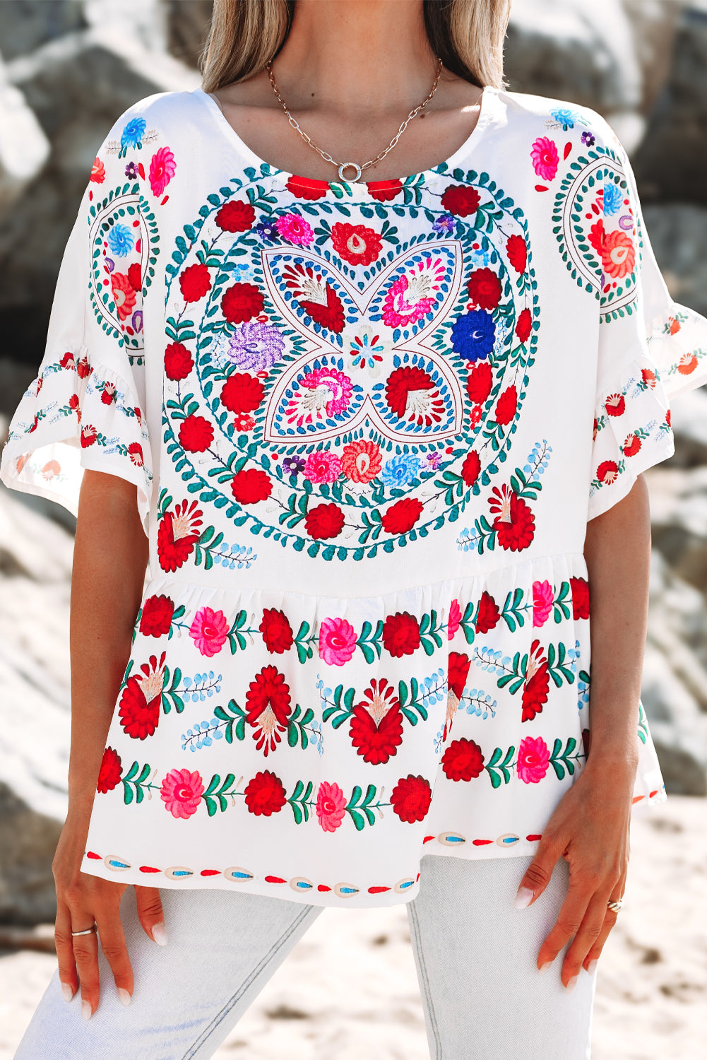 White Boho Floral Print Round Neck Ruffle Trim Blouse eAura