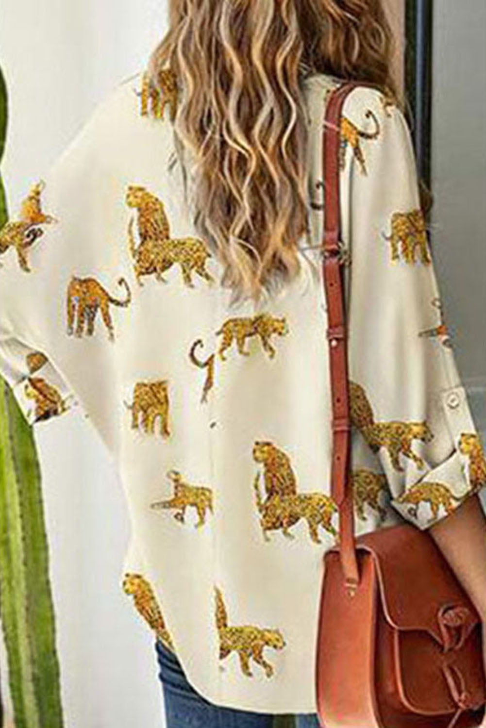 Apricot Printed Leopard Print Tab Sleeve Loose Fit V Neck Blouse eAura