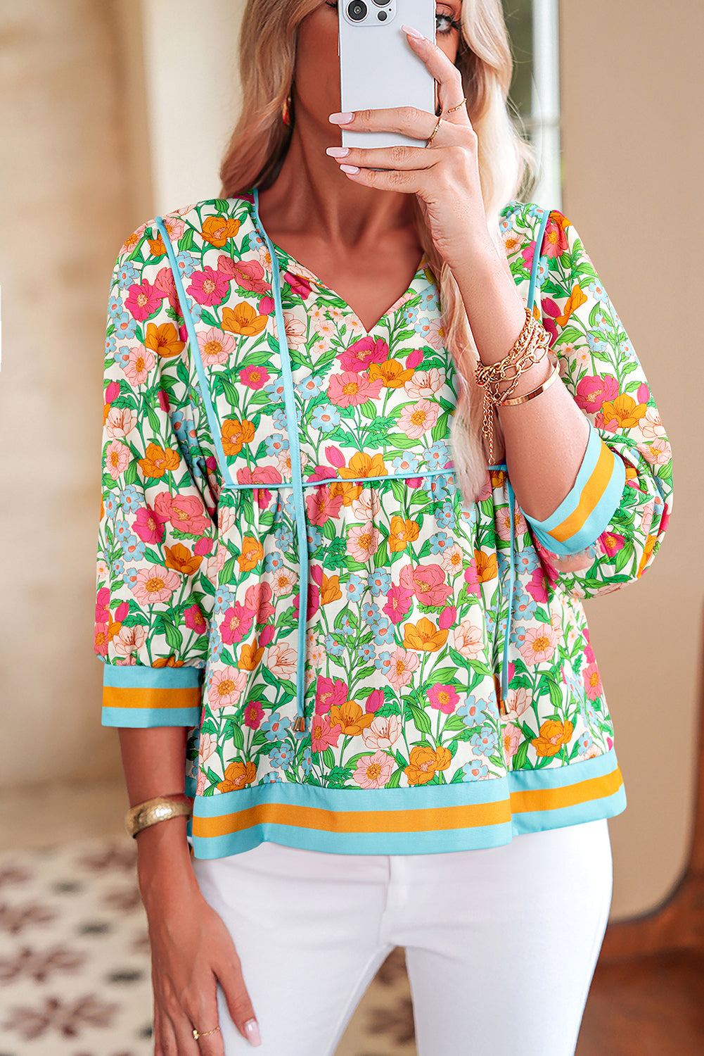 Floral Print Striped Trim Tie Neck Puff Sleeve Babydoll Blouse - eAura