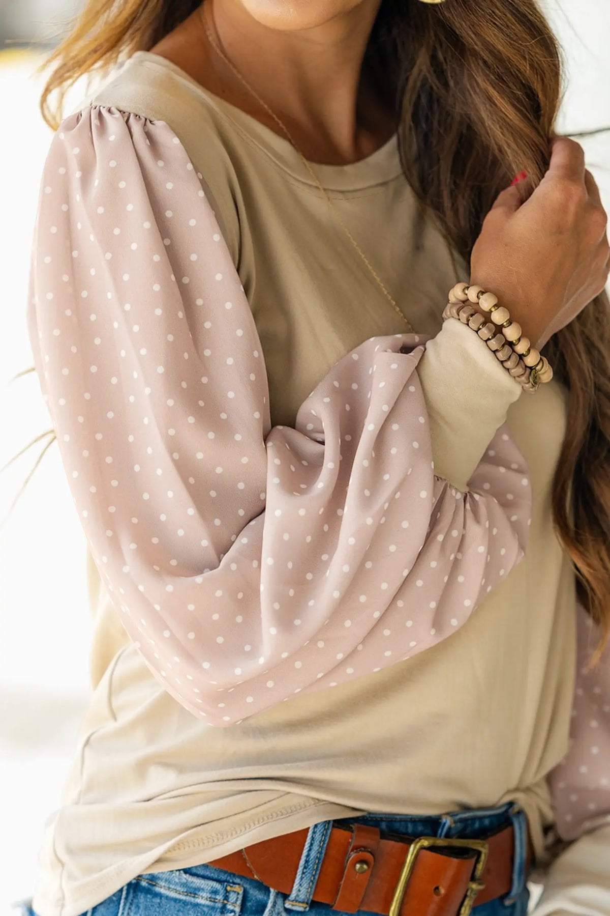 Polka Dot Long Sleeve Round Neck Plus Size Blouse – Parchment