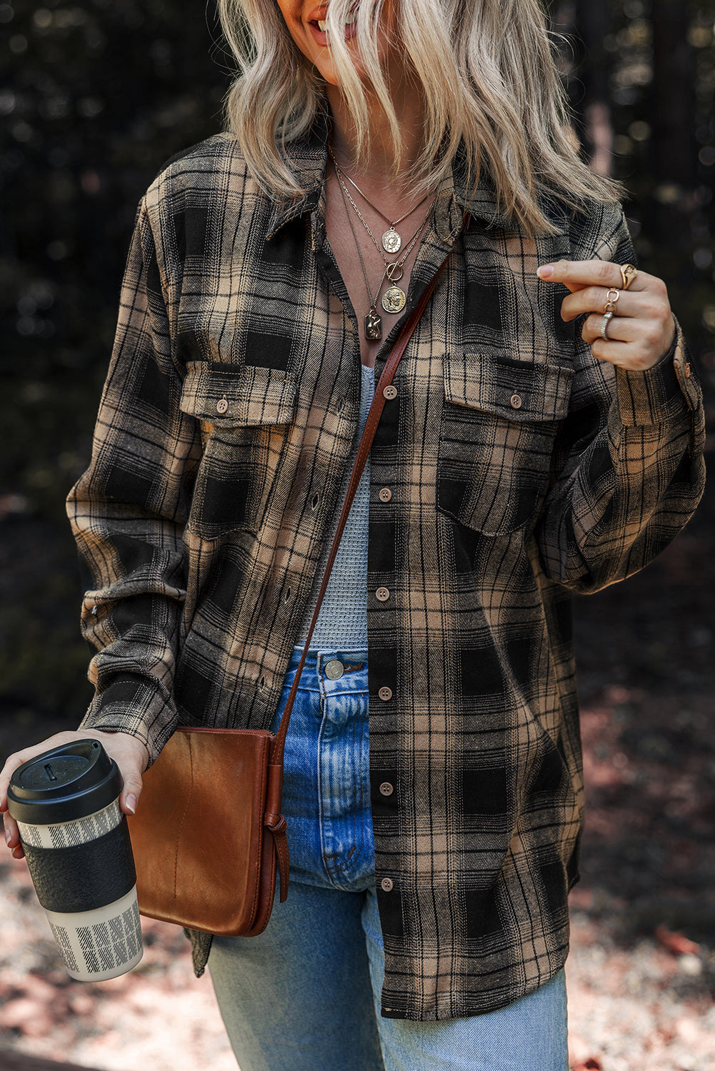 Multicolour Retro Plaid Double Flap Pocket Brushed Shacket eAura