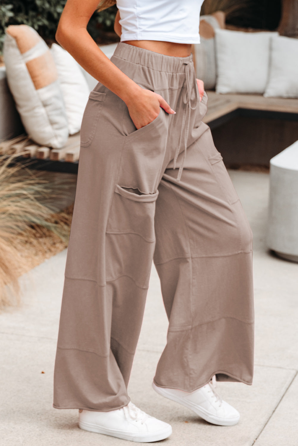 Mineral Wash Exposed Seam Drawstring High Waist Wide Leg Cargo Trousers - eAura