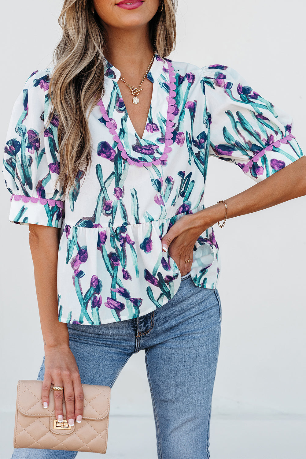 Purple Floral Ricrac Trim Half Sleeve Peplum Top eAura