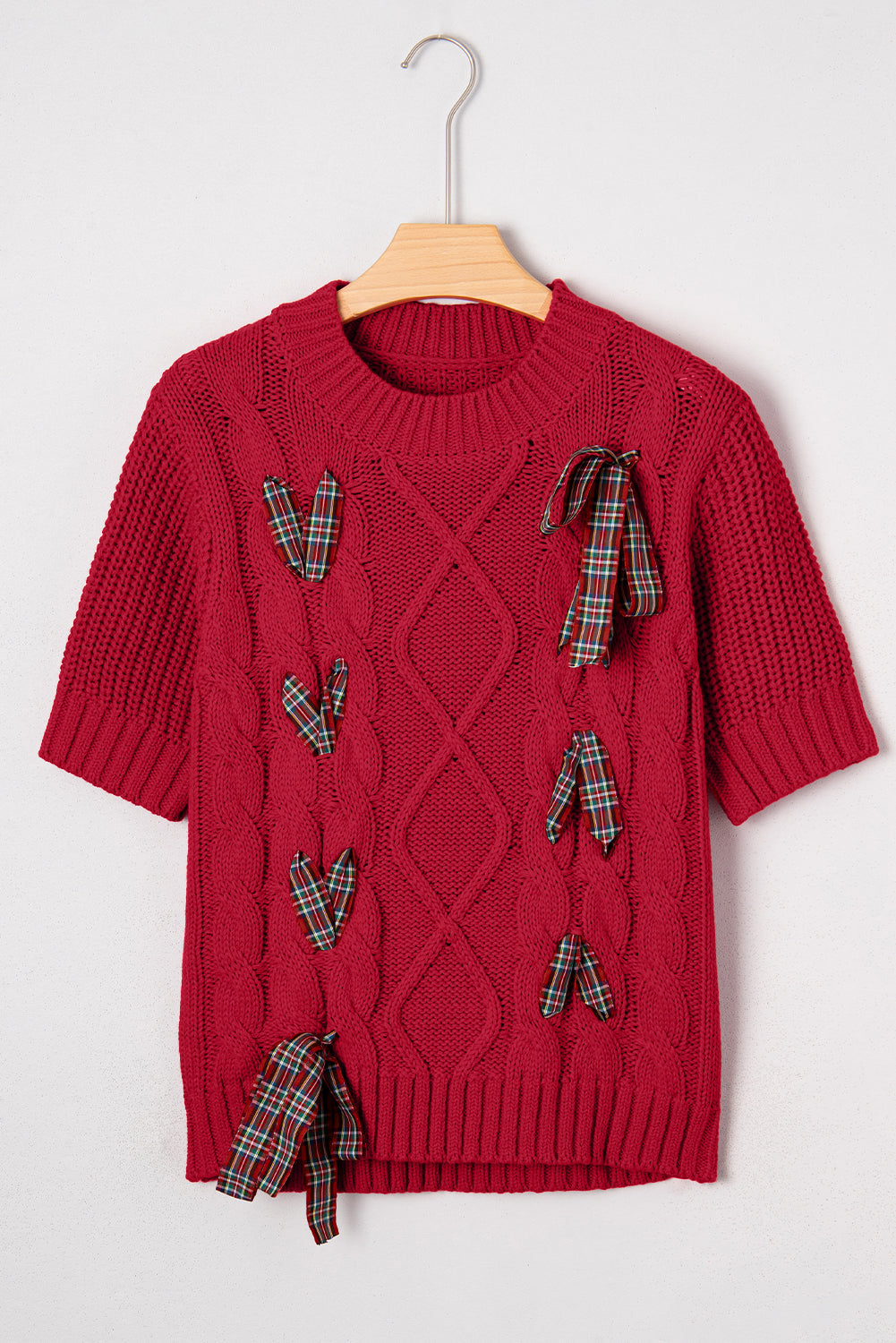 Plaid Lace up Detail Christmas Holiday Puff Short Sleeve Sweater - eAura