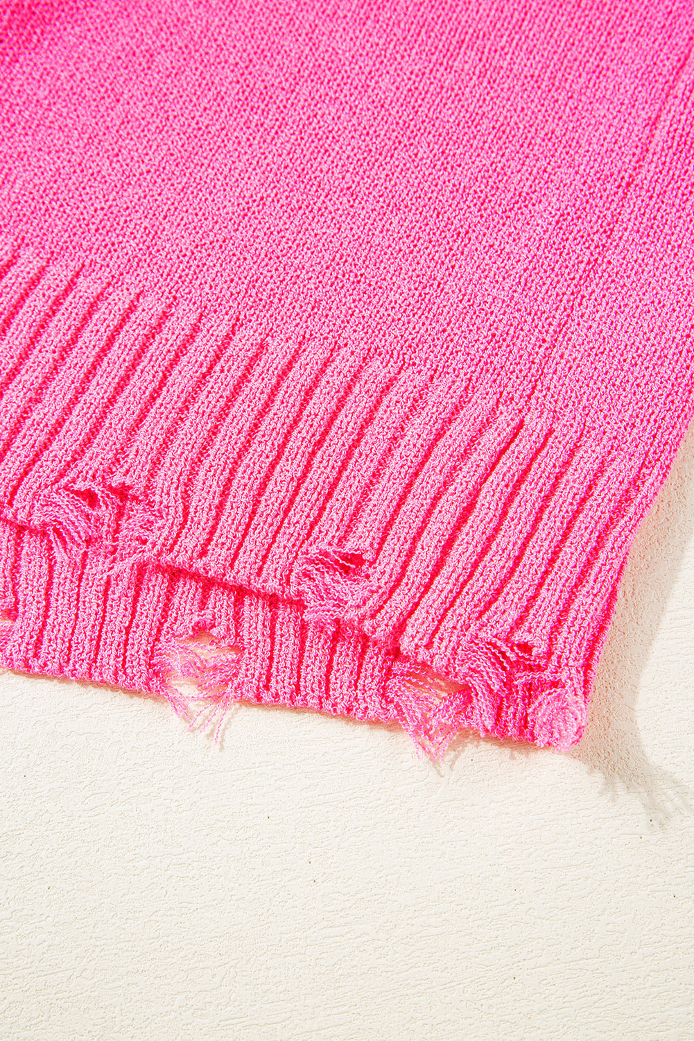 Bright Pink Distressed Hem Short Sleeve Knitted Button Front Sweater eAura