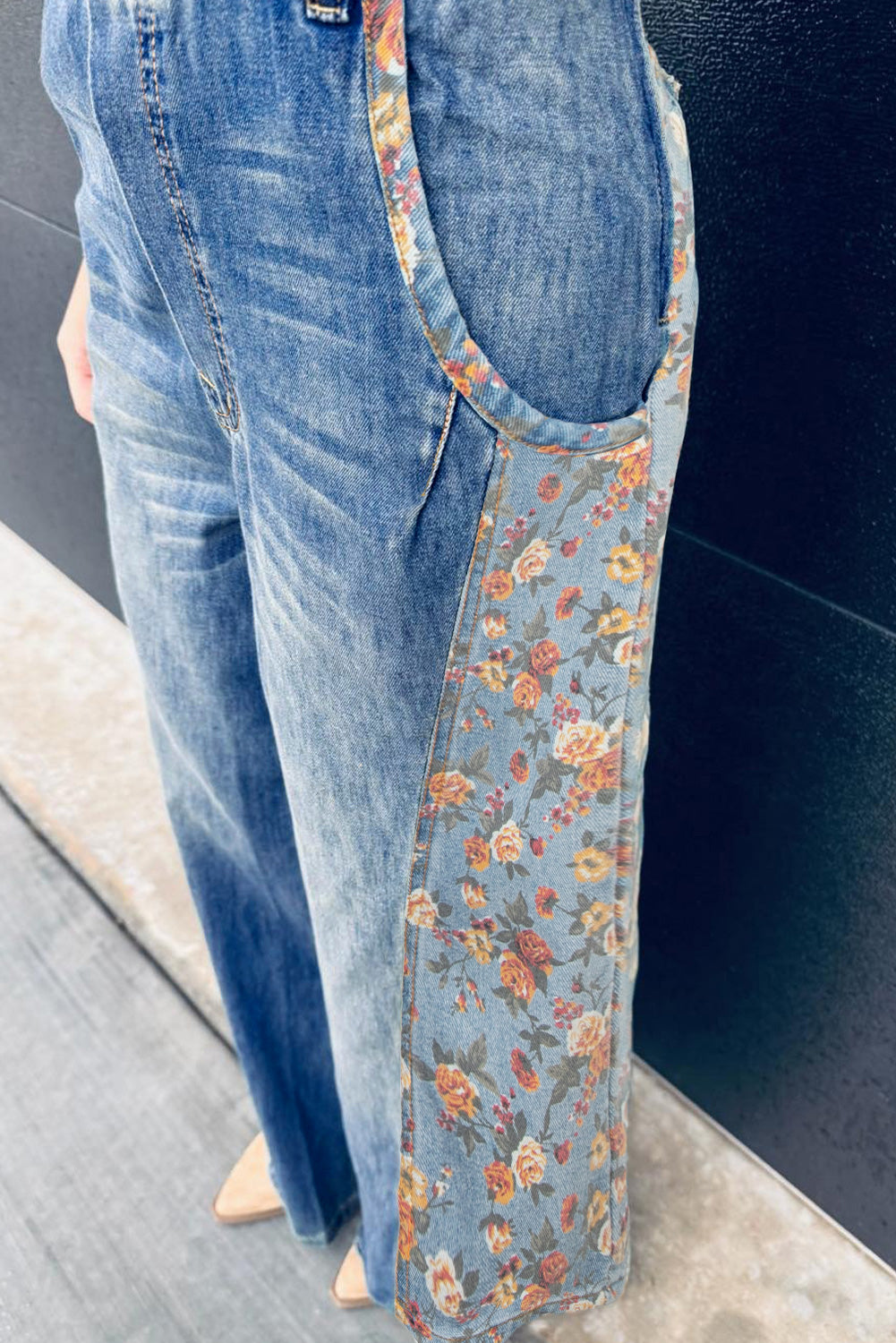 Floral Patchwork Bib Denim Wide Leg Overalls Dungarees