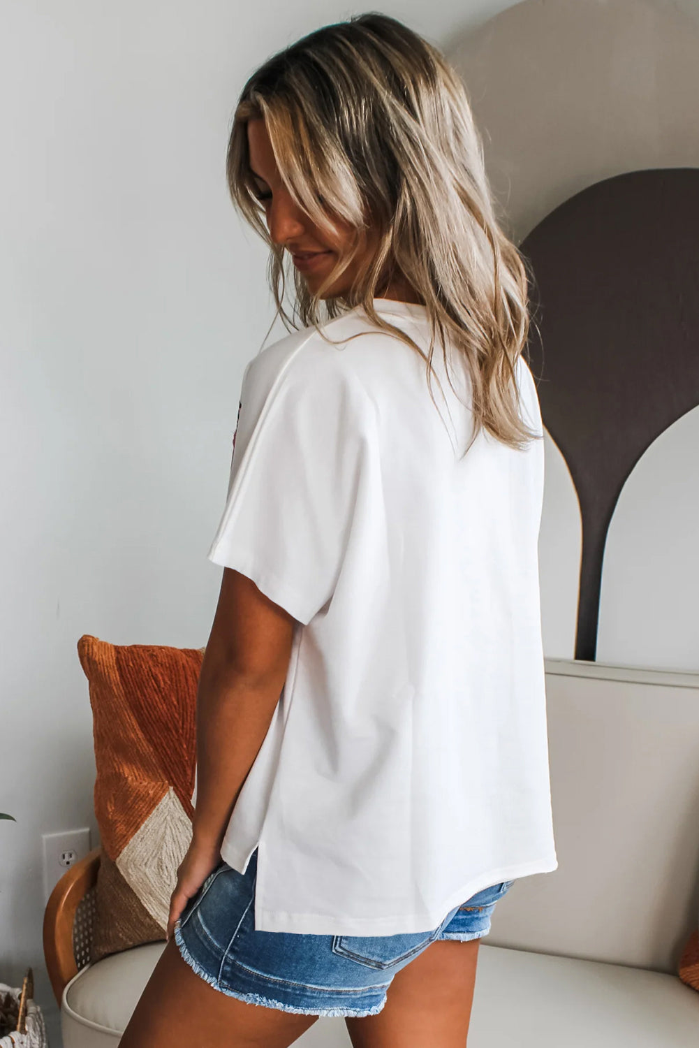 White Floral Applique Notched V Neck Dolman Sleeve Top eAura