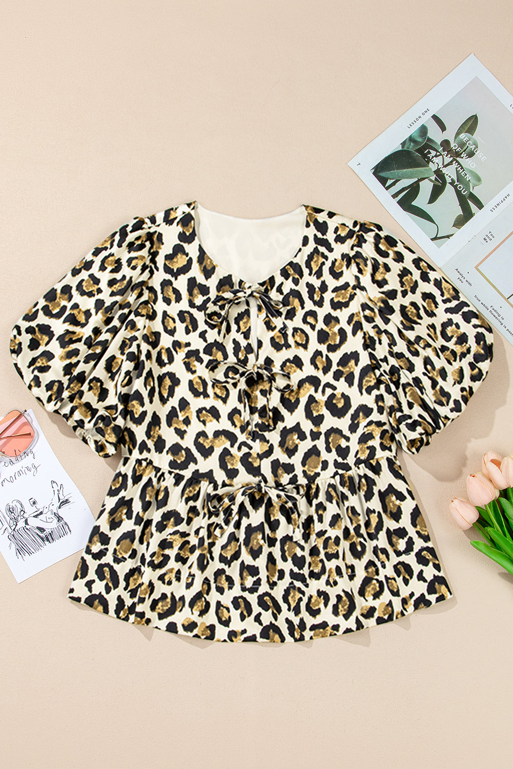 Apricot Leopard Bubble Sleeve Bow Tie Front Peplum Blouse eAura